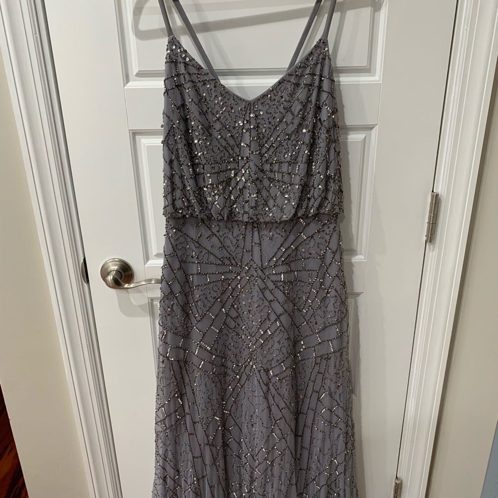 Adrianna Papell 14 Beaded Blouson Gown silver gray